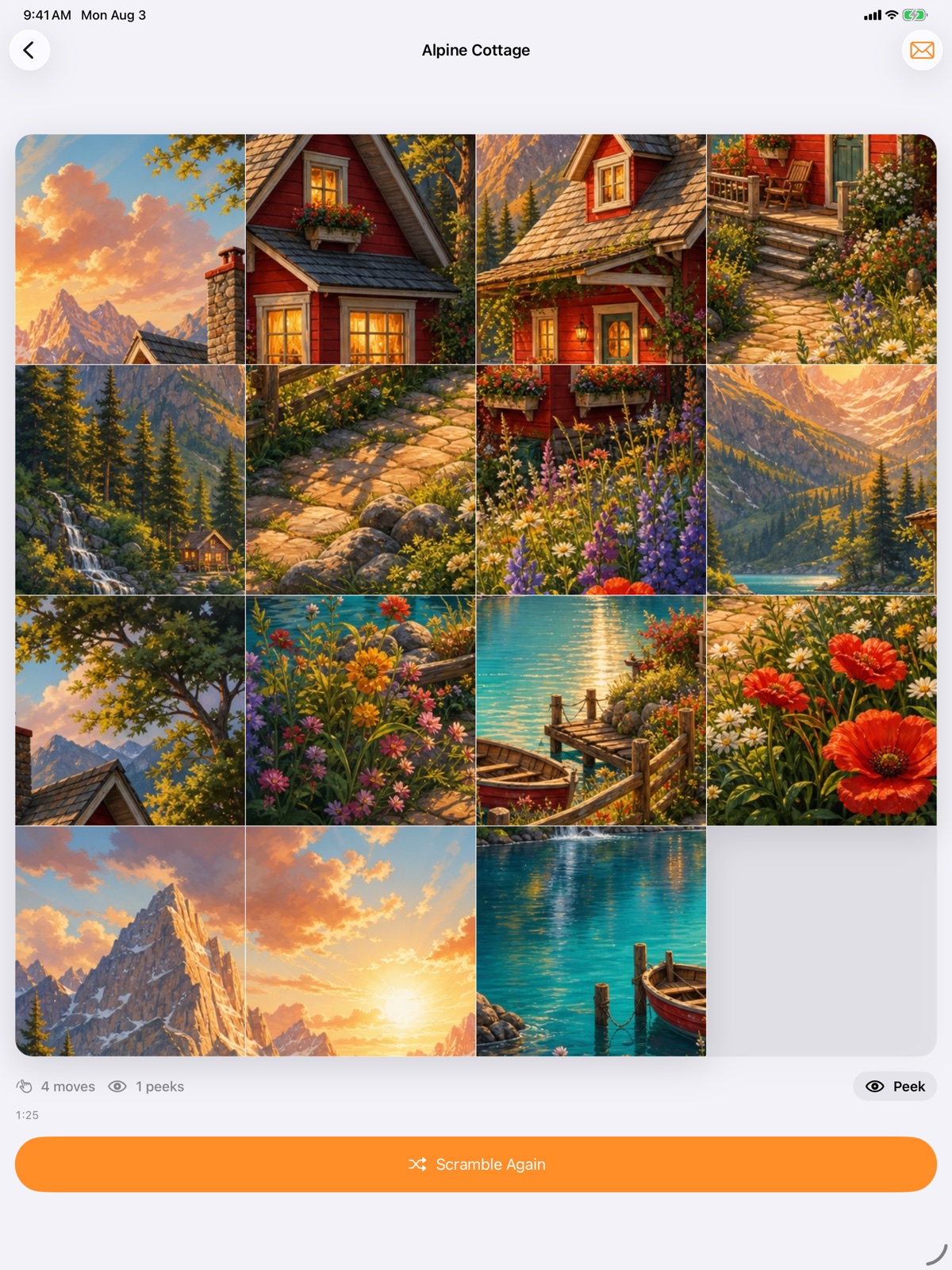A scrambled Alpine Cottage puzzle in progress on iPad