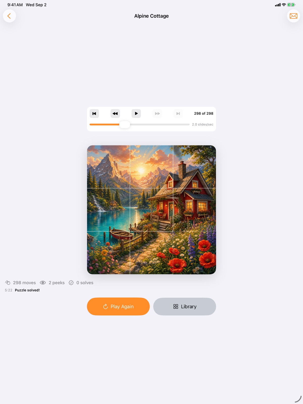 Move playback controls above a solved Alpine Cottage puzzle on iPad