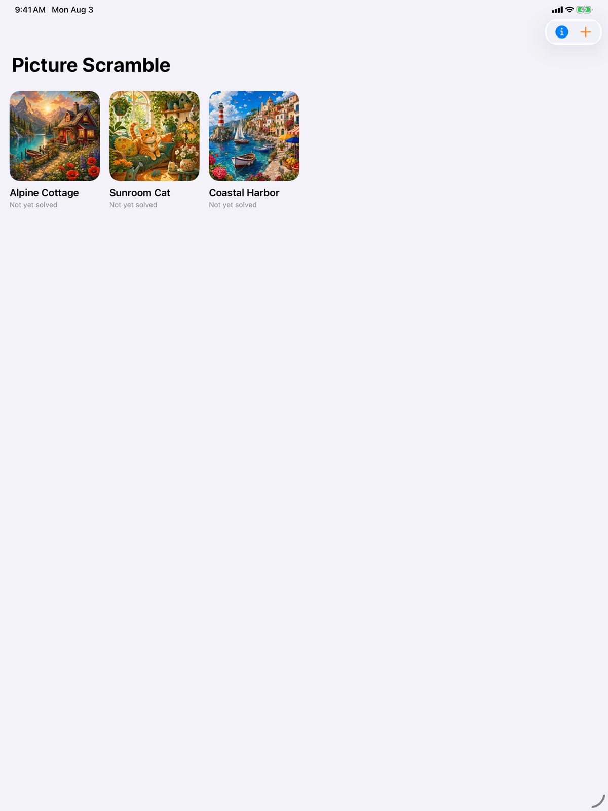 Picture Scramble puzzle library on iPad