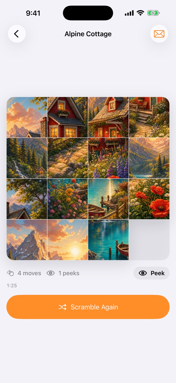 A scrambled Alpine Cottage puzzle in progress on iPhone