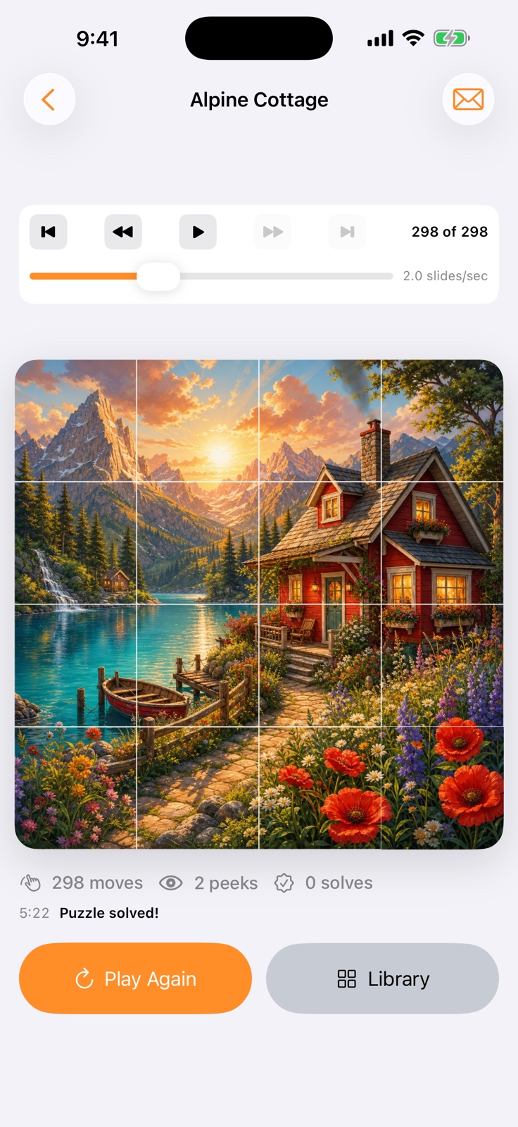 Move playback controls above a solved Alpine Cottage puzzle on iPhone