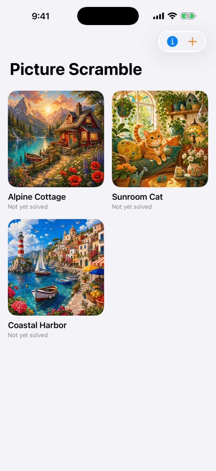 Picture Scramble puzzle library on iPhone