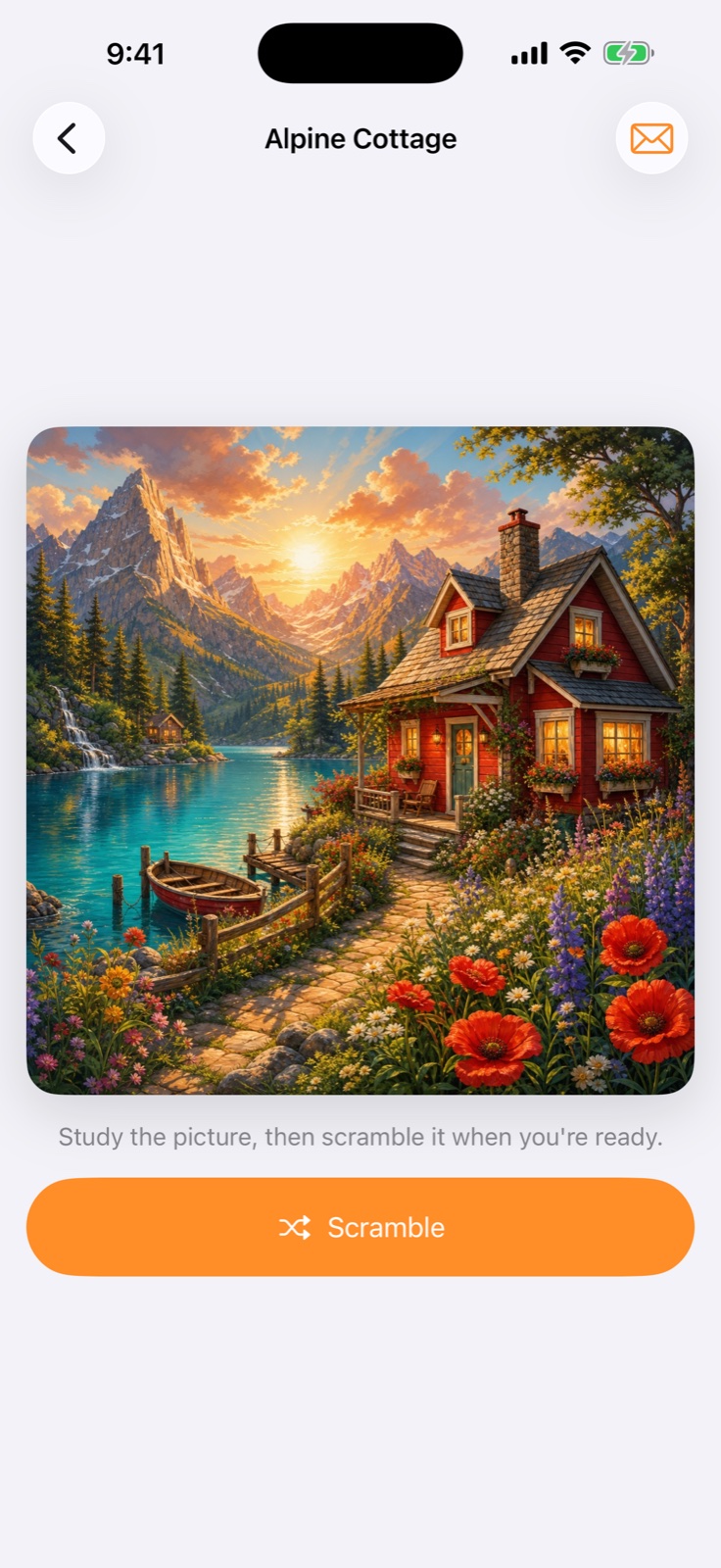 An Alpine Cottage puzzle ready to scramble on iPhone